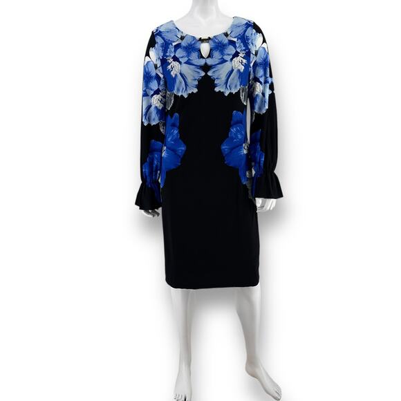 Calvin Klein Long Sleeve Floral Print Dress Womens Size 2 Black Blue - Picture 1 of 12